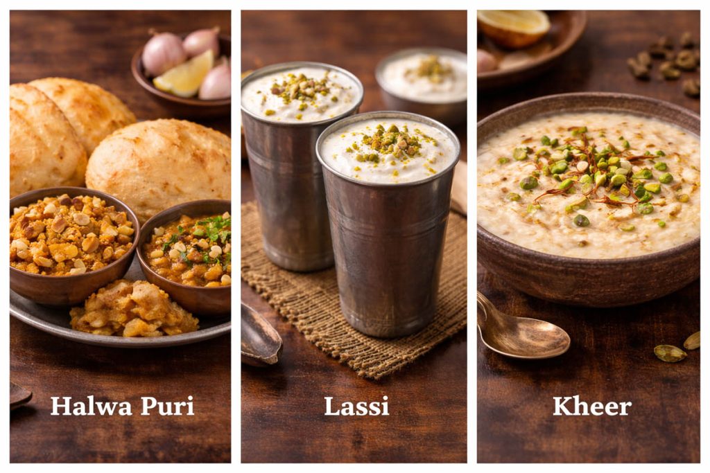 Traditional Pakistani Food -halwa puri with fried bread and chickpea curry, chilled lassi in metal cups topped with nuts, and a bowl of kheer rice pudding garnished with pistachios