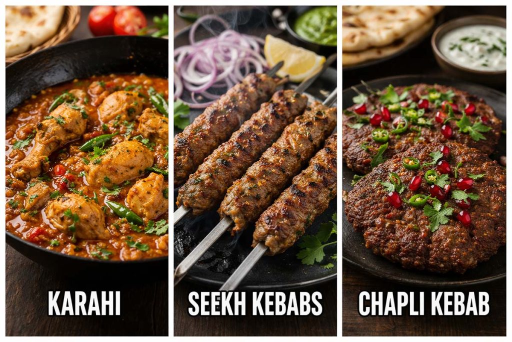 Traditional Pakistani Food - karahi chicken curry, grilled seekh kebabs on skewers, and crispy chapli kebabs, with each dish labeled directly on the image