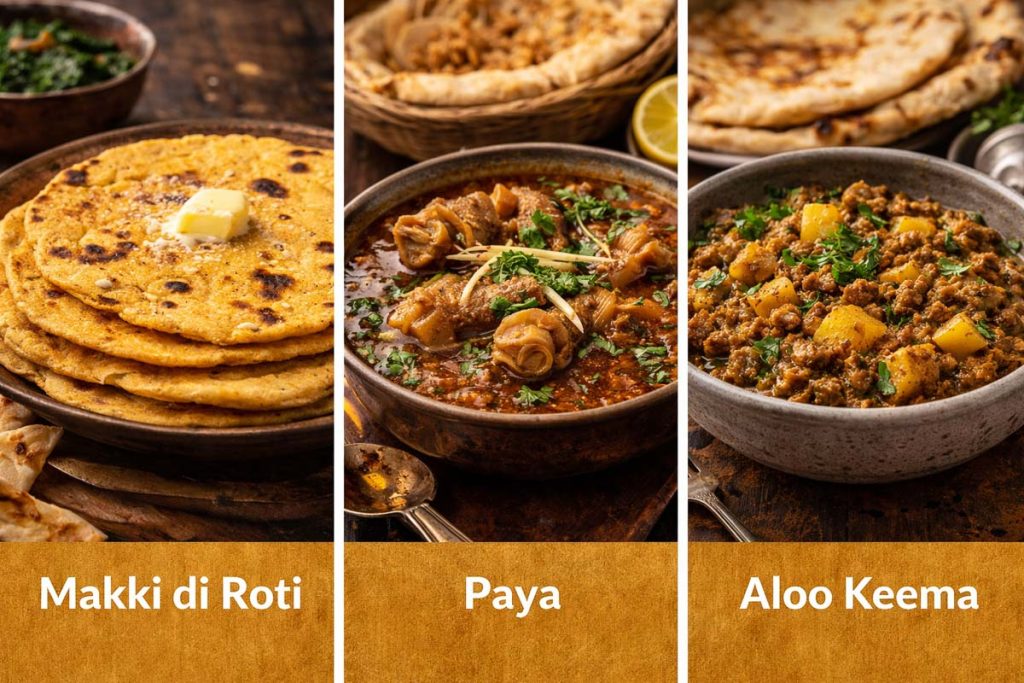 Traditional Pakistani Food -makki di roti corn flatbread with butter, paya trotter stew garnished with ginger and herbs, and aloo keema with minced meat and potatoes, with each dish labeled on the image