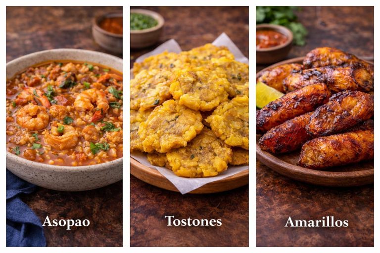 Traditional Puerto Rican Food - asopao rice, tostones, and amarillos sweet fried ripe plantains