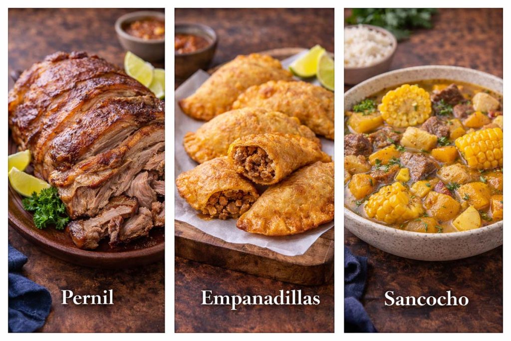 Traditional Puerto Rican Food - pernil roasted pork with crispy skin and lime wedges, empanadillas fried turnovers filled with seasoned meat, and sancocho hearty stew