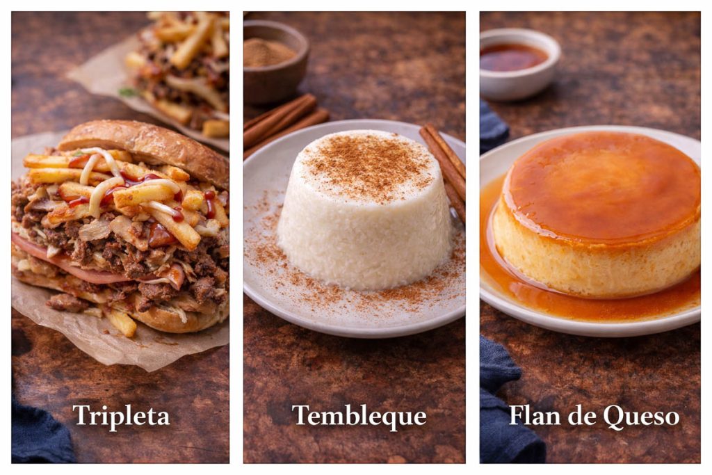 Traditional Puerto Rican Food - tripleta sandwich packed with meats and fries, tembleque coconut pudding topped with cinnamon, and flan de queso with caramel sauce