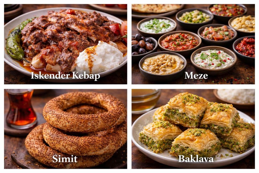 Traditional Turkish Food - İskender kebap with sliced meat over bread and yogurt, a spread of meze dishes in small bowls, simit sesame-covered bread rings, and baklava layered pastry with pistachios