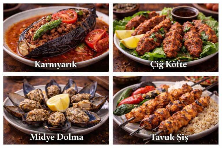 Traditional Turkish Food - karnıyarık stuffed eggplant, çiğ köfte, midye dolma stuffed mussels with rice and lemon, and tavuk şiş grilled chicken skewers with rice