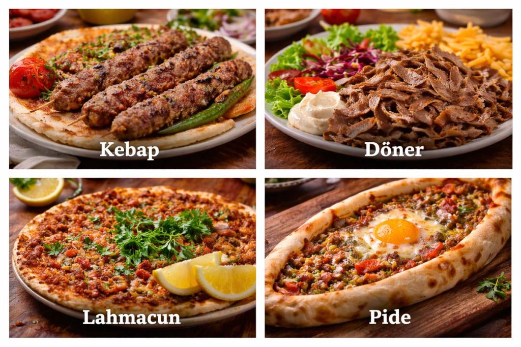 Traditional Turkish Food - kebap skewers with grilled vegetables, döner meat in flatbread with sauce and salad, lahmacun topped with minced meat and herbs, and pide filled with cheese and egg