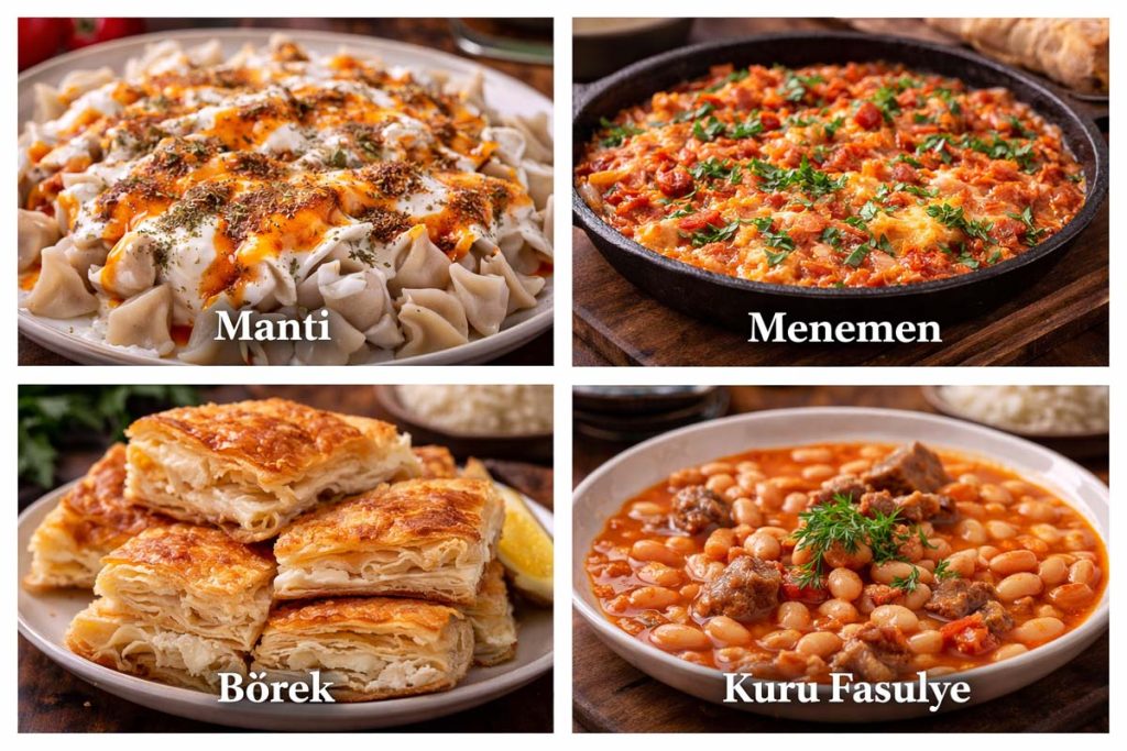 Traditional Turkish Food - manti dumplings with yogurt and chili oil, menemen scrambled eggs with tomatoes and peppers, börek layered pastry slices, and kuru fasulye white bean stew with meat