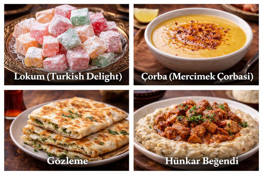 Traditional Turkish Food - lokum Turkish delight, lentil soup, gözleme flatbread, and hunkar begendi