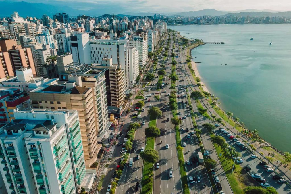 Aerial view of Florianopolis center. Urban view of architectural landscape