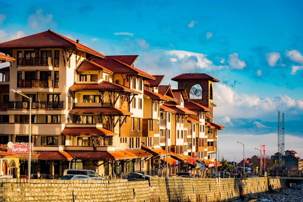 Bansko, Bulgaria.12. February. 2020.Ski resort in Bulgaria Bansko town at dawn street with hotel. winter season