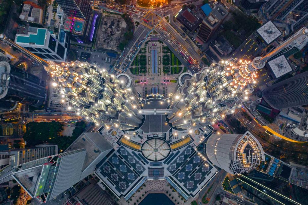 Malaysia, aerial of the Petronas Towers in Kuala Lumpur at night