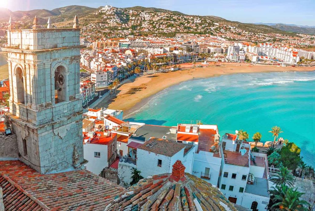 View of the sea from a height of Pope Luna's Castle. Valencia, Spain. Peniscola. Castellón. The medieval castle of the Knights Templar on the beach. Beautiful view of the sea and the bay.